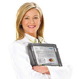 lady with APEX data on her tablet